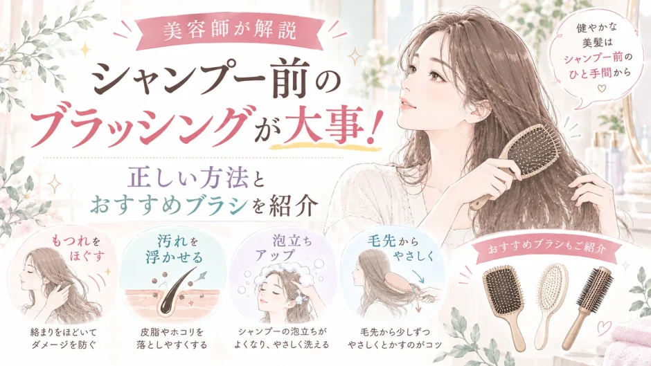 シャンプー前のブラッシングの大切さや正しい方法、おすすめブラシを、水彩調の大人女性イラストと図解で紹介したアイキャッチ画像