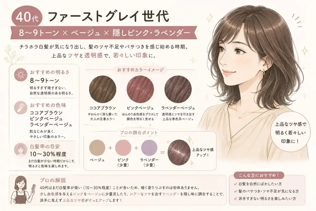 40代のファーストグレイ世代におすすめの8〜9トーンと、ココアブラウン・ピンクベージュ・ラベンダーベージュの髪色を紹介したイラスト