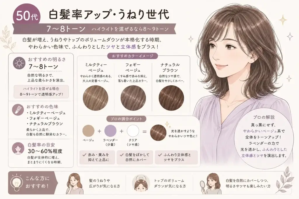 50代の白髪やうねり、トップのボリュームダウンに合わせた7〜8トーンのミルクティーベージュ・フォギーベージュ・ナチュラルブラウンを紹介したイラスト