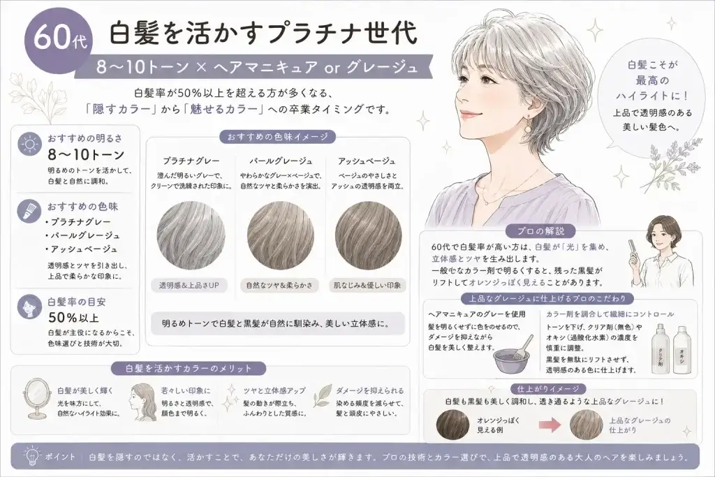 60代の白髪を活かす8〜10トーンのヘアカラーとして、プラチナグレー・パールグレージュ・アッシュベージュを紹介したイラスト
