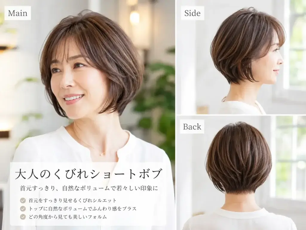 40代〜50代女性向けの首元がすっきり見える大人のくびれショートボブ。正面・サイド・バックからヘアスタイルを紹介したヘアカタログ。