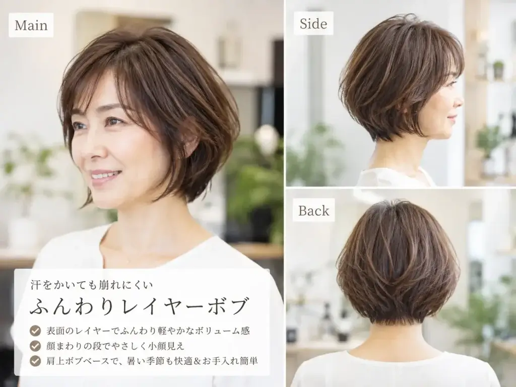 40代〜50代女性向けの汗で崩れにくいふんわりレイヤーボブ。肩上ボブをベースに顔まわりと表面へレイヤーを入れたスタイルを、正面・サイド・バックから紹介したヘアカタログ。