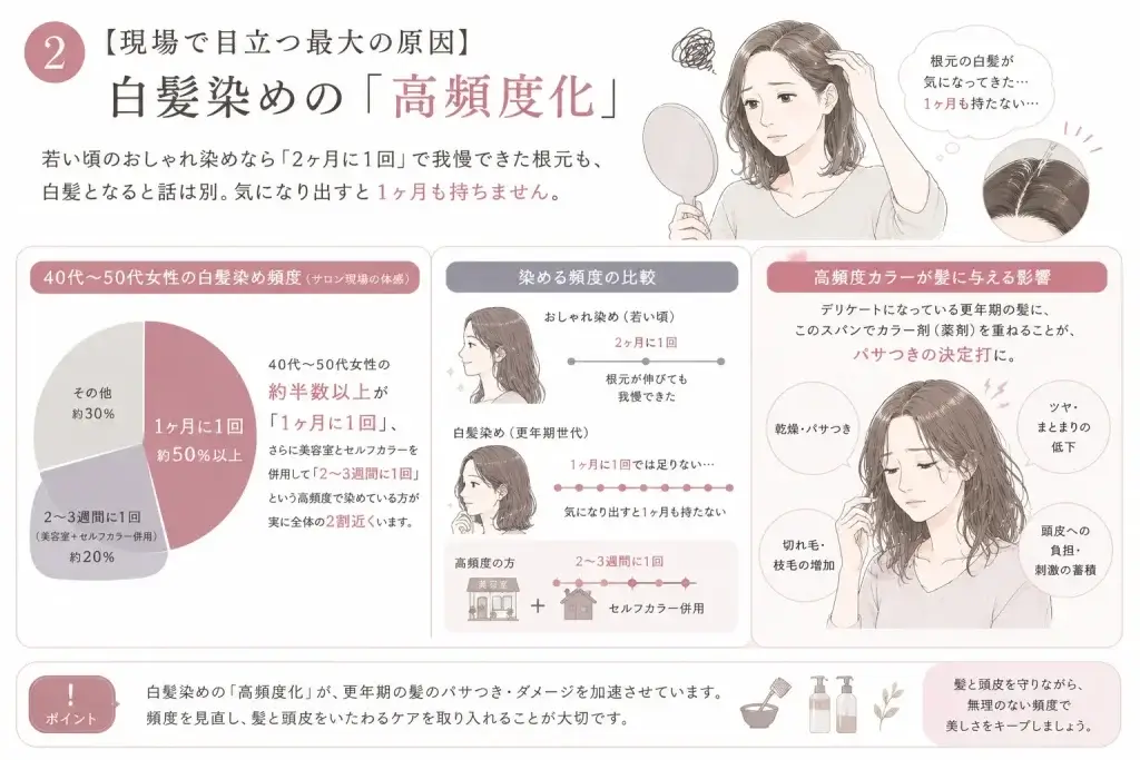 更年期に白髪染めの頻度が増えることで、デリケートな髪や頭皮への負担が蓄積し、パサつきやダメージにつながることを解説したイラスト