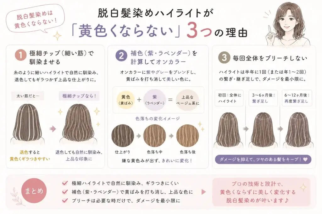 脱白髪染めハイライトが黄色くなりにくい理由を、極細ハイライト・紫やラベンダーの補色・ブリーチ頻度を抑える3つの工夫で解説したイラスト