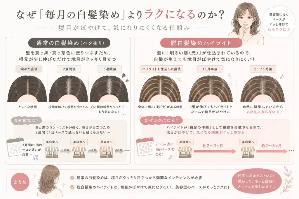 通常の白髪染めと脱白髪染めハイライトを比較し、ハイライトが白髪との境目をぼかして美容室に通う頻度を減らせる仕組みを解説したイラスト