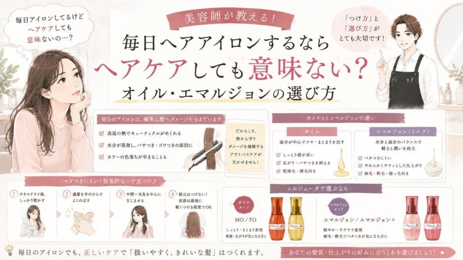 毎日ヘアアイロンを使う髪のケアと、ヘアオイル・エマルジョンの選び方を美容師が解説するイラスト