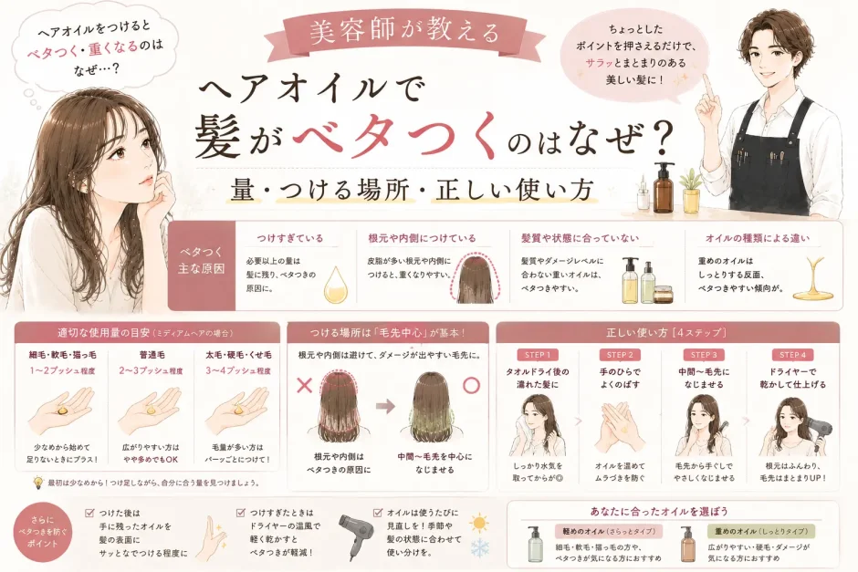 ヘアオイルで髪がベタつく原因と、適切な量やつける場所、正しい使い方を美容師が解説する大人女性向けイラスト