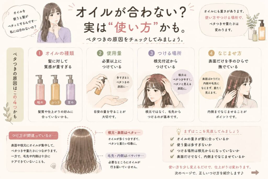 ヘアオイルで髪がベタつく4つの原因を紹介するイラスト