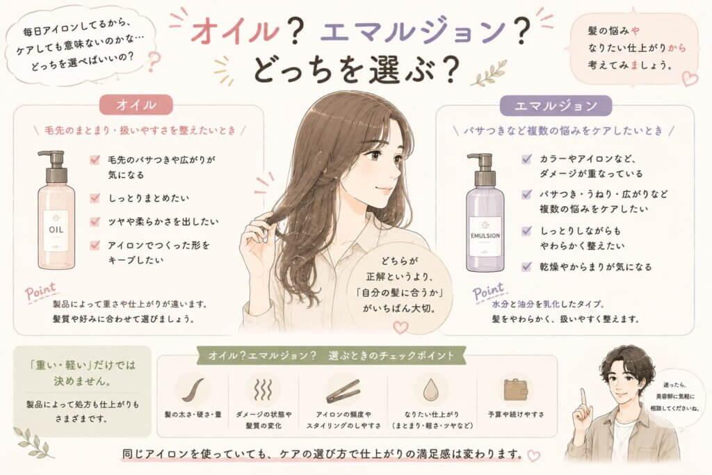 ヘアオイルは毛先のまとまりや扱いやすさ、エマルジョンはパサつきなど複数の悩みを考える選択肢として、仕上がりや髪の状態から選ぶ考え方を紹介したイラスト