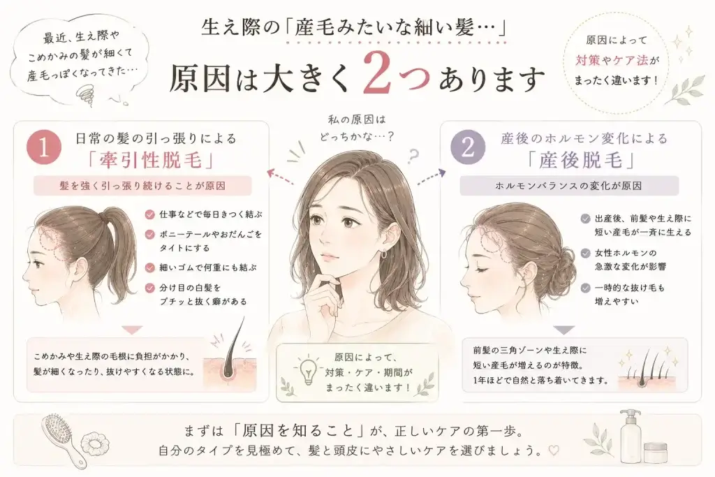 生え際やこめかみの髪が産毛のように細くなる原因として、日常的な髪の引っ張りによる牽引性脱毛と、産後のホルモン変化による産後脱毛の違いを解説したイラスト