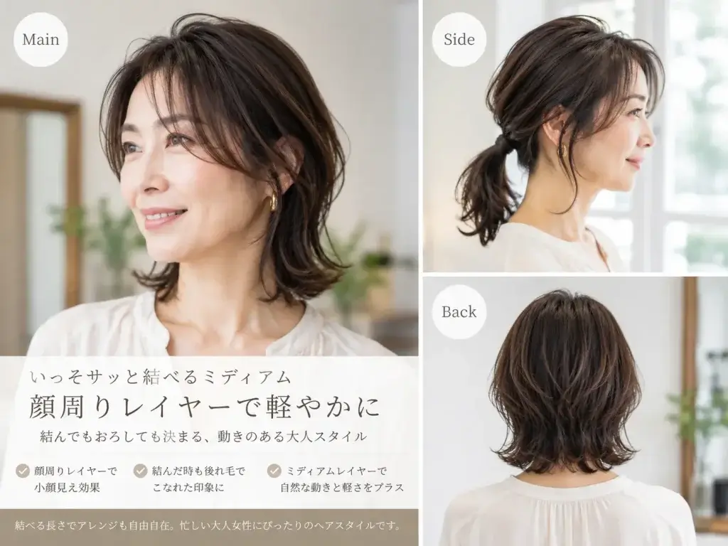 40代〜50代女性向けの結べる長さのミディアムレイヤースタイル。顔まわりにレイヤーを入れた軽やかなデザインを、正面・サイド・バックから紹介したヘアカタログ。