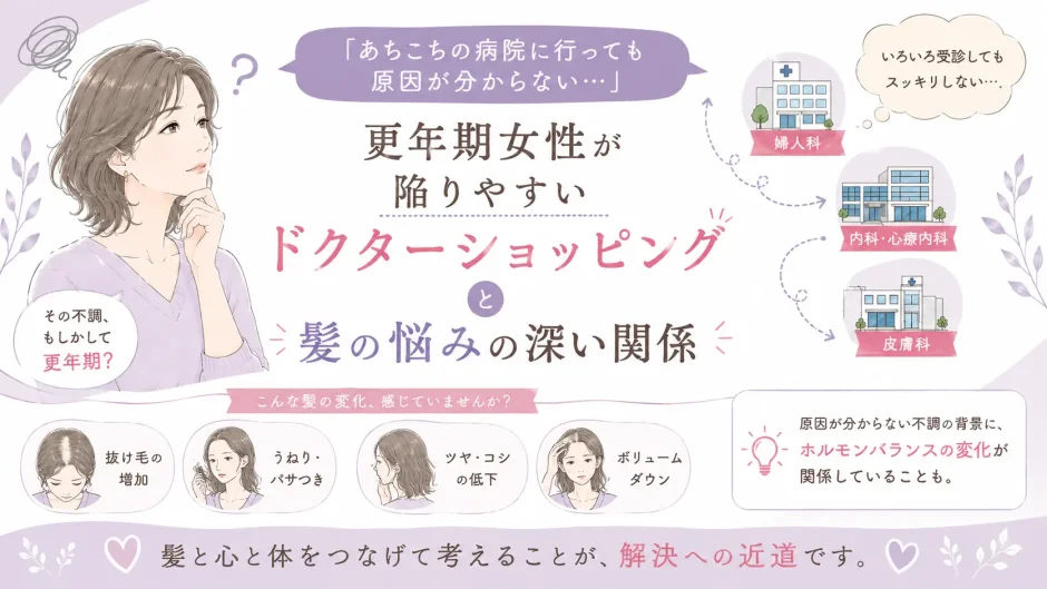 更年期女性のドクターショッピングと髪の悩みの関係を、イラストで分かりやすく紹介したアイキャッチ画像。