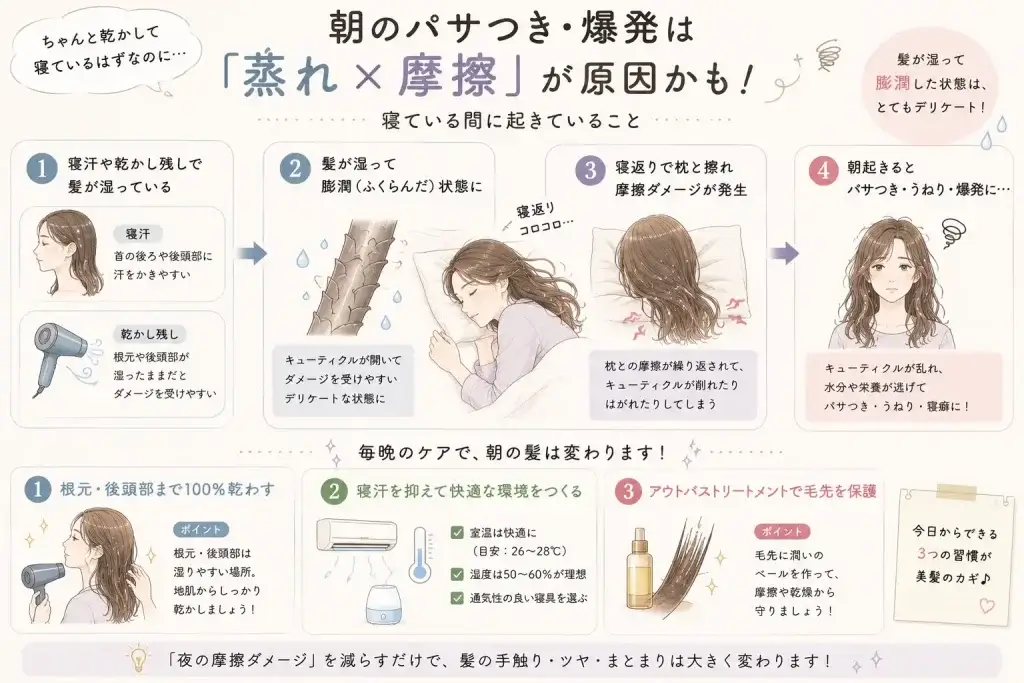 寝汗や乾かし残しで湿った髪が膨潤し、寝返りで枕と擦れることで、翌朝のパサつきやうねりにつながる仕組みを解説したイラスト