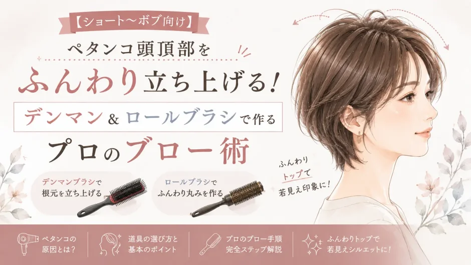 ショートからボブのペタンコな頭頂部を、デンマンブラシとロールブラシでふんわり立ち上げるブロー方法を紹介するイメージ