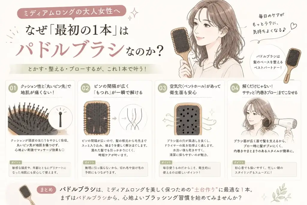 ミディアムロングの大人女性にパドルブラシがおすすめな理由を、頭皮へのやさしさ・もつれの解きやすさ・通気性・内巻きブローの4つの特徴から解説したイラスト