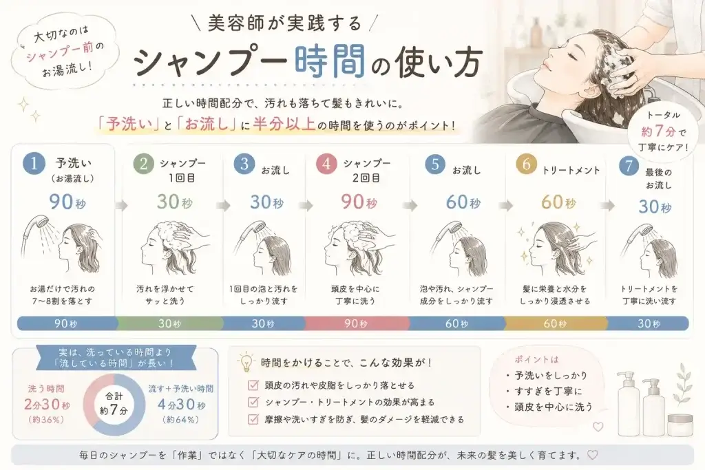 予洗い90秒、1回目のシャンプー30秒、すすぎ30秒、2回目のシャンプー90秒、すすぎ60秒、トリートメント60秒、最後のすすぎ30秒という美容師のシャンプー時間配分を解説したイラスト