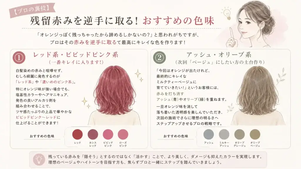 白髪染め後の残留赤みを活かすレッド・ビビッドピンク系と、将来ベージュを目指すためのアッシュ・オリーブ系の色味を紹介したイラスト