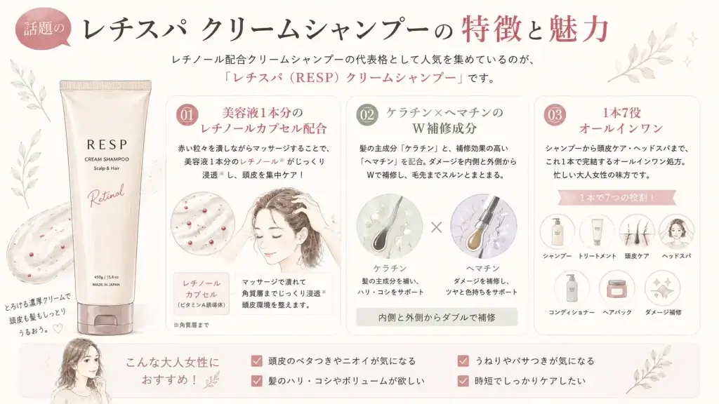レチスパ クリームシャンプーのレチノールカプセル、ケラチンとヘマチン、1本7役のオールインワンという3つの特徴を紹介したイラスト
