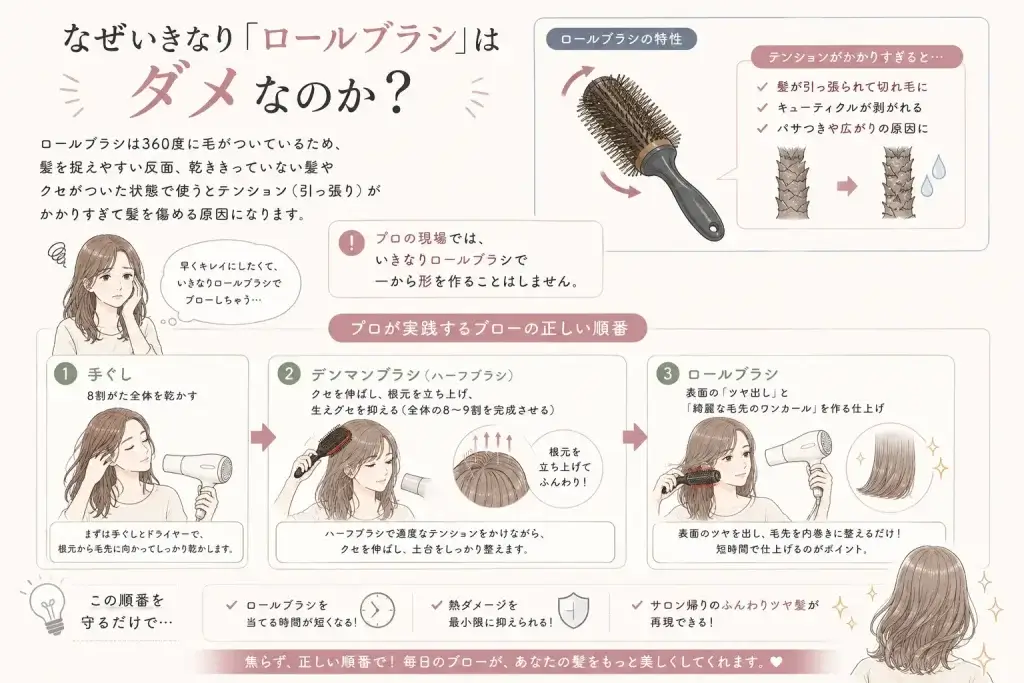 いきなりロールブラシを使わず、手ぐしで8割乾かし、デンマンブラシでクセや根元を整えてから、ロールブラシでツヤと毛先を仕上げるブローの順番を解説したイラスト