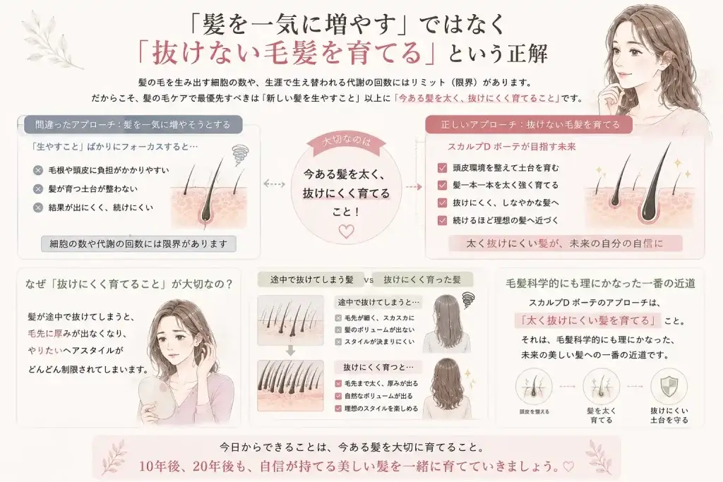 髪を一気に増やすことより、今ある髪を太く抜けにくく育て、毛先の厚みを保つことの大切さを解説したイラスト