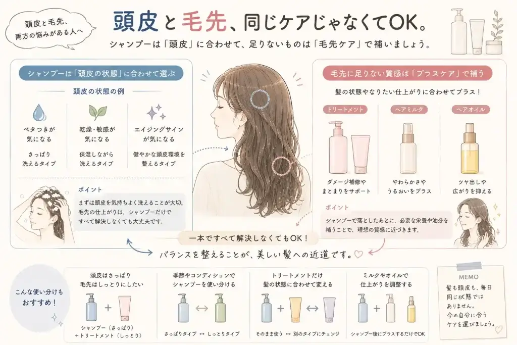 頭皮はシャンプーで状態に合わせて洗い、毛先に足りない質感はトリートメントやヘアミルク、ヘアオイルで補うというヘアケアの考え方を解説したイラスト