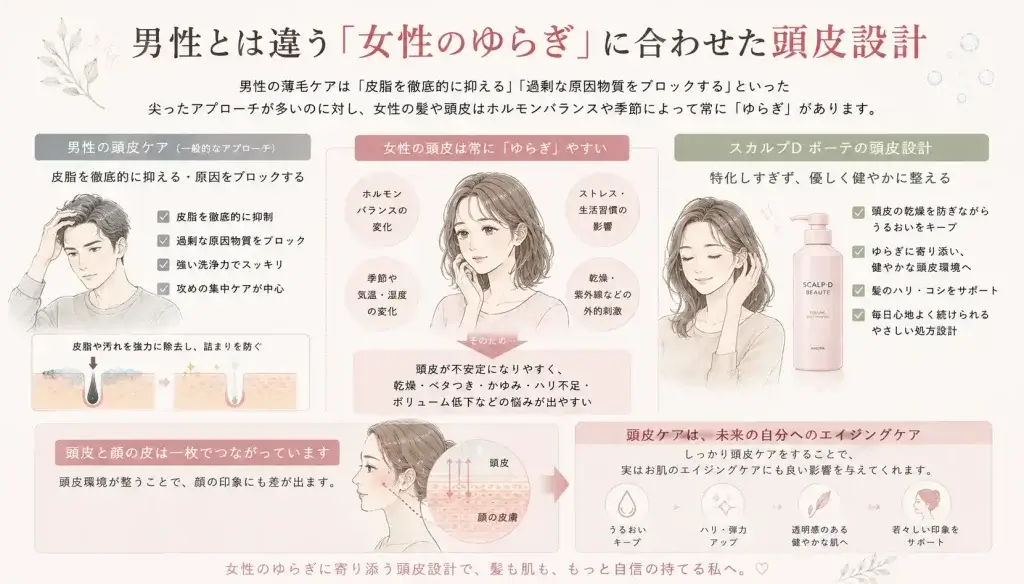 男性の皮脂を抑える頭皮ケアと、ホルモンバランスや季節によってゆらぎやすい女性の頭皮を乾燥から守りながら健やかに整えるケアの違いを解説したイラスト