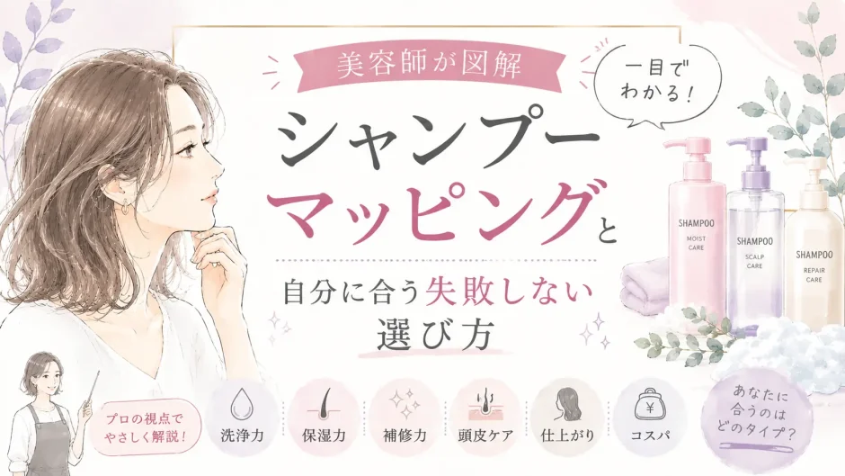 美容師がシャンプーマッピングを使って、自分に合うシャンプーの選び方を解説する大人女性向けイラスト