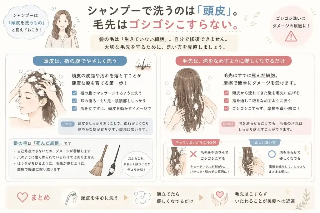 シャンプーは頭皮を中心に洗い、自己修復できない毛先はゴシゴシこすらず、泡をやさしく滑らせるように洗う方法を解説したイラスト
