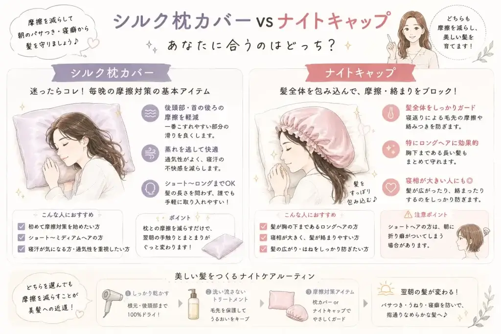 後頭部や首元の摩擦を減らすシルク枕カバーと、ロングヘアを包んで摩擦を防ぐナイトキャップについて、髪の長さや寝相に合わせた使い分けを紹介したイラスト