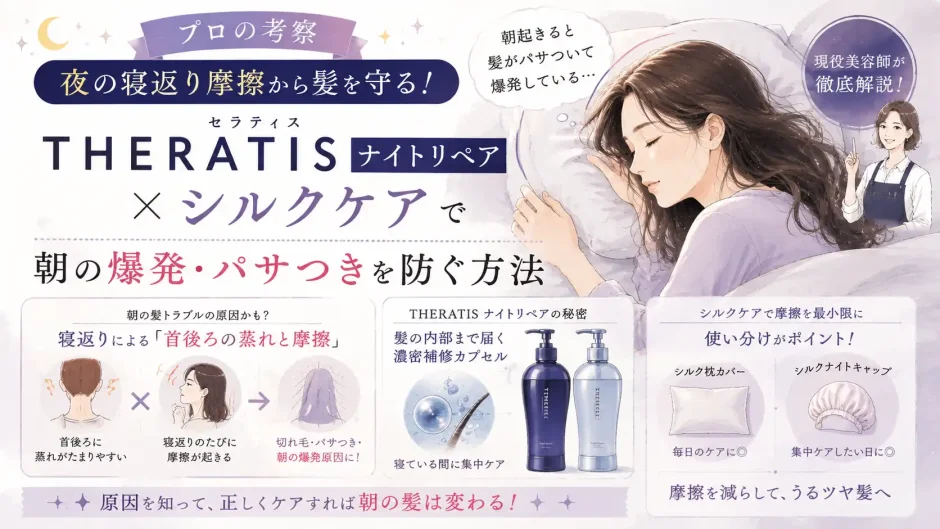 夜の寝返りによる髪の摩擦やパサつきと、セラティス ナイトリペアとシルクケアを使った対策を解説するイラスト