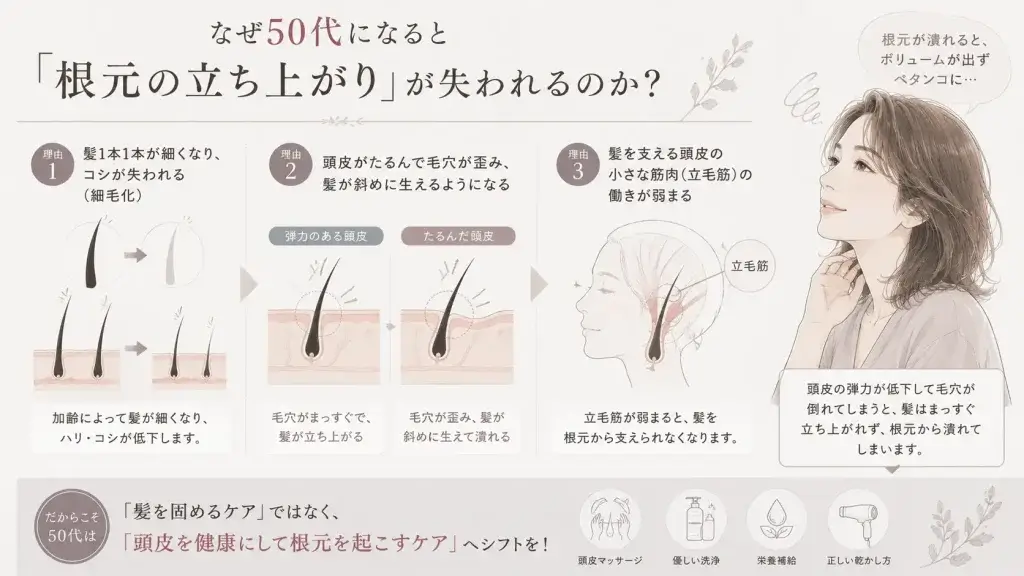 50代になると根元の立ち上がりが失われる原因を、細毛化・頭皮のたるみ・立毛筋の衰えの3つの視点で解説したイラスト