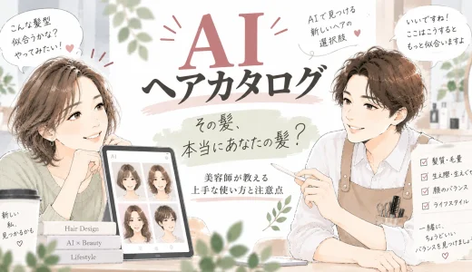 AIで作ったヘアカタログを見ながら、実際の髪質や毛量、生えぐせを踏まえて美容師と髪型を相談する大人女性のイラスト