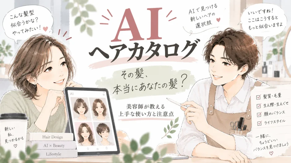 AIで作ったヘアカタログを見ながら、実際の髪質や毛量、生えぐせを踏まえて美容師と髪型を相談する大人女性のイラスト