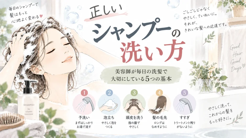 髪を泡立ててシャンプーする大人女性と、予洗いからすすぎまで美容師が大切にする正しい洗い方の基本を表現したイラスト