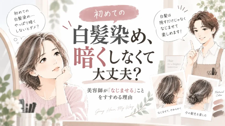 初めての白髪染めで暗くするか迷う大人女性と、白髪を自然になじませて今までの髪色を楽しむ方法を提案する美容師のイラスト