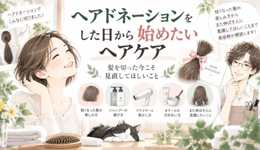 ヘアドネーションで髪を短く切った女性と、切った後のヘアケアや再び髪を伸ばすときのポイントを紹介する美容師のイラスト