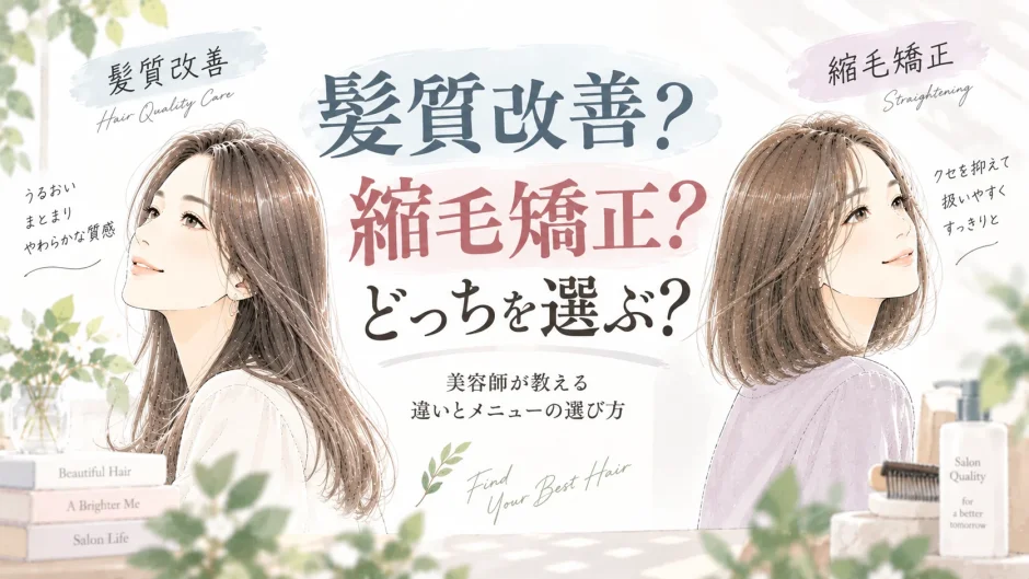 髪質改善と縮毛矯正のどちらを選ぶか迷う大人女性に向けて、違いとメニュー選びを表現したイラスト