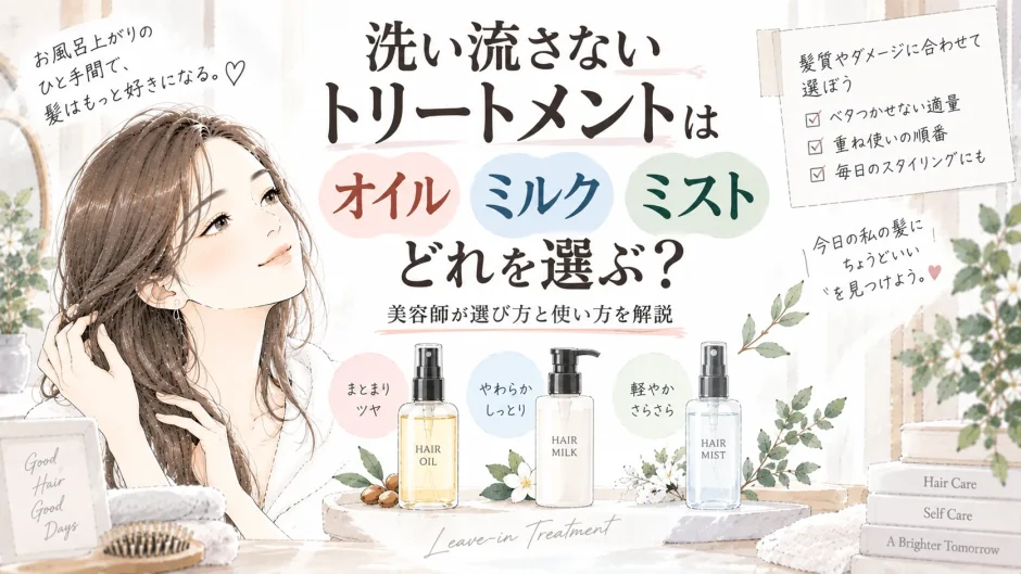 洗い流さないトリートメントのオイル・ミルク・ミストから、自分の髪に合うタイプを選ぶ大人女性のイラスト