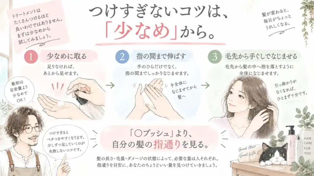 洗い流さないトリートメントを少なめに取り、指の間まで伸ばして毛先から手ぐしでなじませる使い方