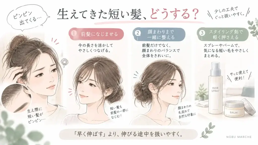 産後に生えてきた短い髪を前髪や顔まわりになじませ、スタイリング剤で整える方法