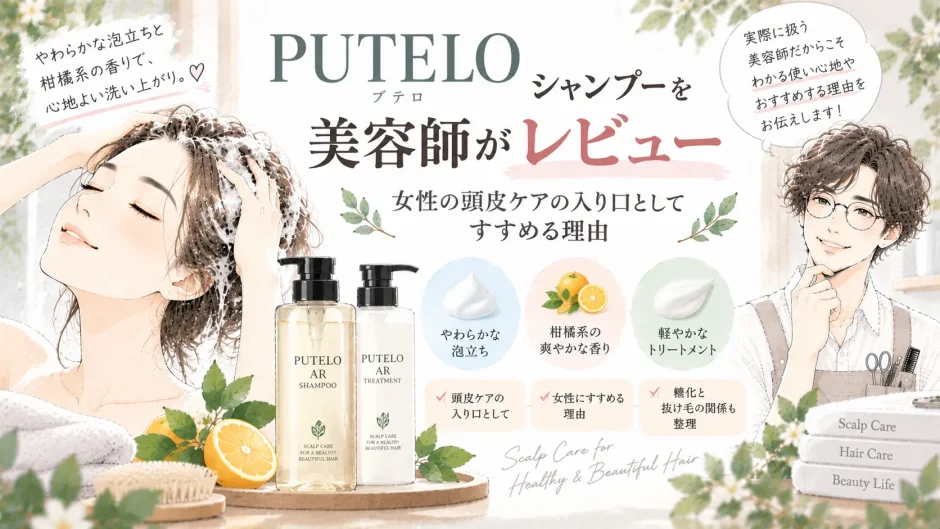 プテロARシャンプーの泡立ちや使用感を、美容師が女性の頭皮ケアの入り口としてレビューするイラスト