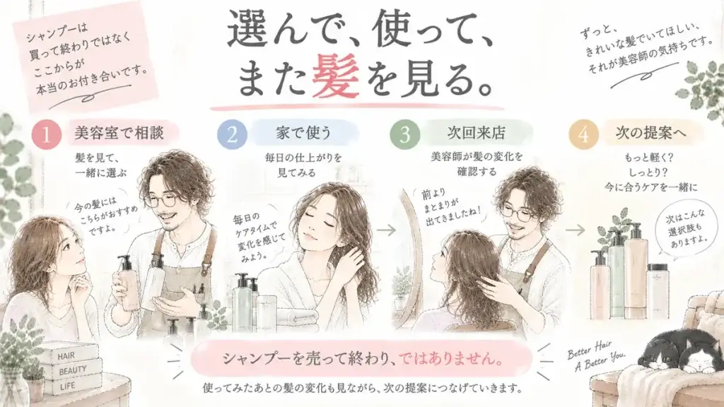 美容室でシャンプーを選び、自宅で使った後に次回来店で髪の変化を確認して次の提案につなげる流れ