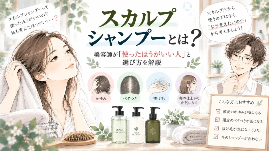 スカルプシャンプーを使ったほうがいい人や、頭皮と髪の状態に合わせた選び方を美容師が解説するイラスト