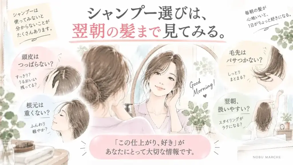 シャンプーを使った翌朝に頭皮のつっぱりや根元の重さ、毛先のまとまり、髪の扱いやすさを確認する図解