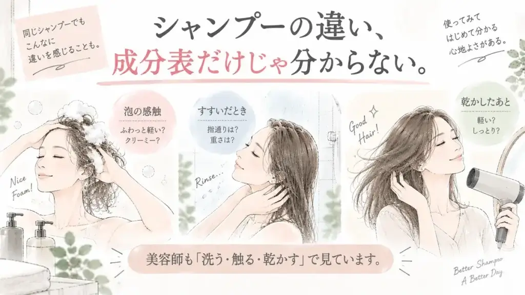 シャンプーの泡の感触やすすいだときの指通り、乾かしたあとの軽さやしっとり感の違いを示した図解
