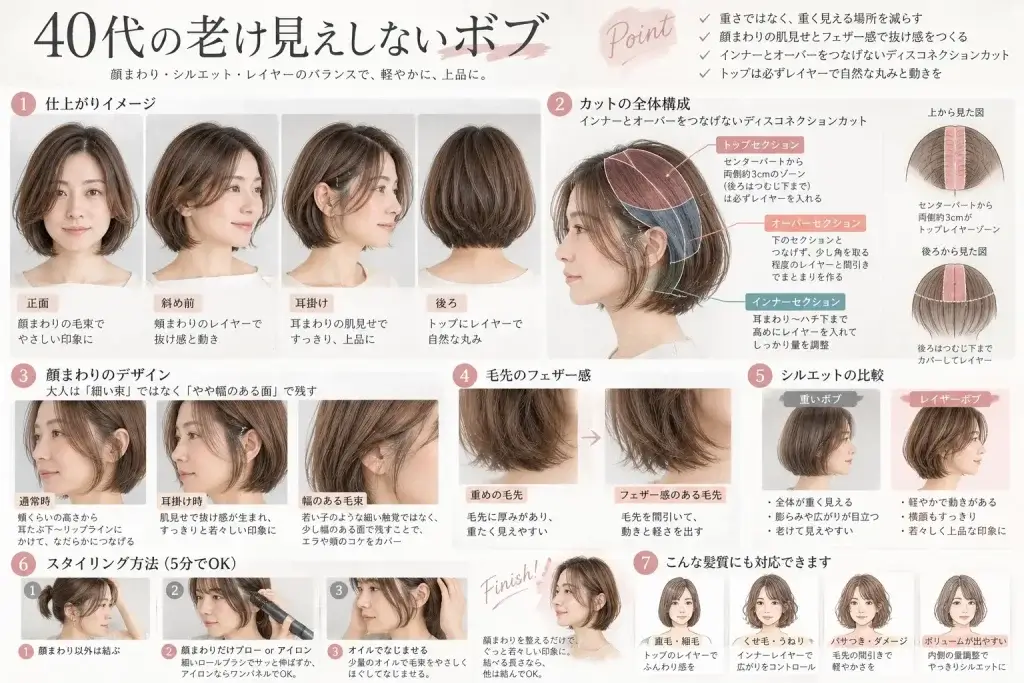 40代女性のボブを正面・横・後ろから比較し、インナーレイヤーや顔まわりの毛束、襟足の軽さなどカットのポイントを解説した画像