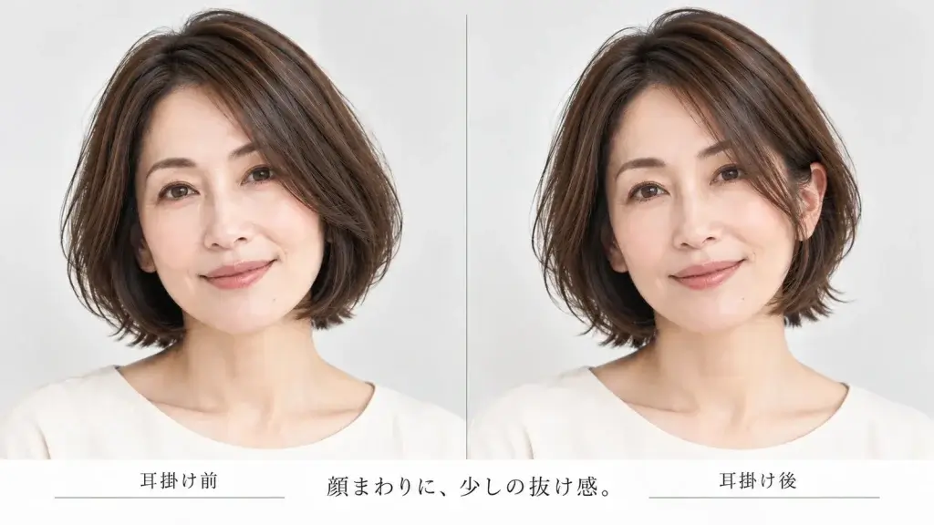 40代女性のボブで耳掛け前後の印象と、顔まわりに残すレイヤーによる抜け感を比較した画像