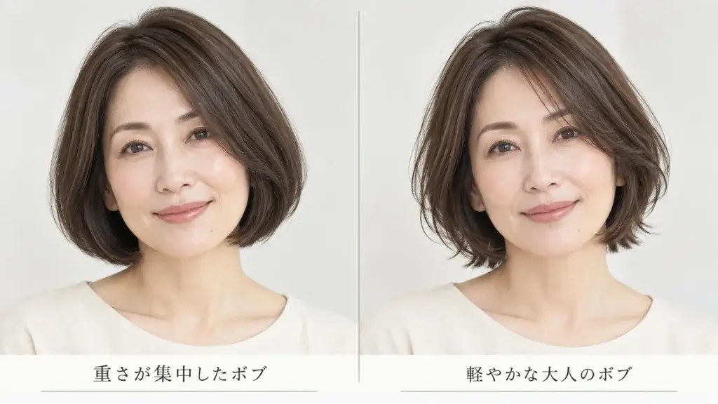40代女性の重めボブと、顔まわりや毛先に軽さを加えた軽やかな大人のボブを比較した画像