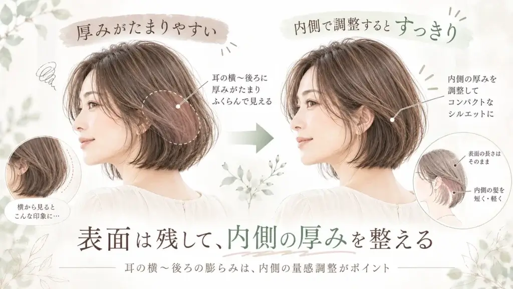 40代女性のボブで耳の横から後ろにたまりやすい厚みを、表面の長さを残しながら内側の毛量で調整する方法を比較した図解