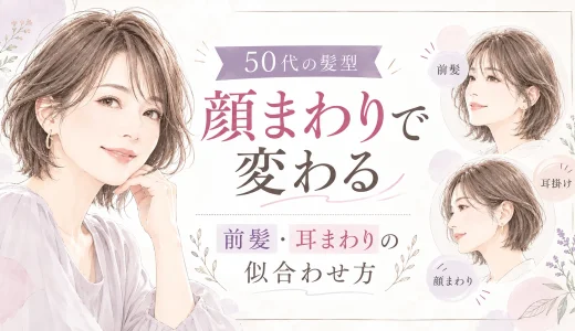 50代女性の髪型で、前髪や耳まわり、顔まわりの髪の残し方によって印象が変わることを紹介したアイキャッチ画像